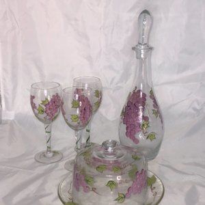 7 pc Hand-Painted Set 3 Wine Glasses, Decanter w/Stopper, Cheese Plate w/Cloche